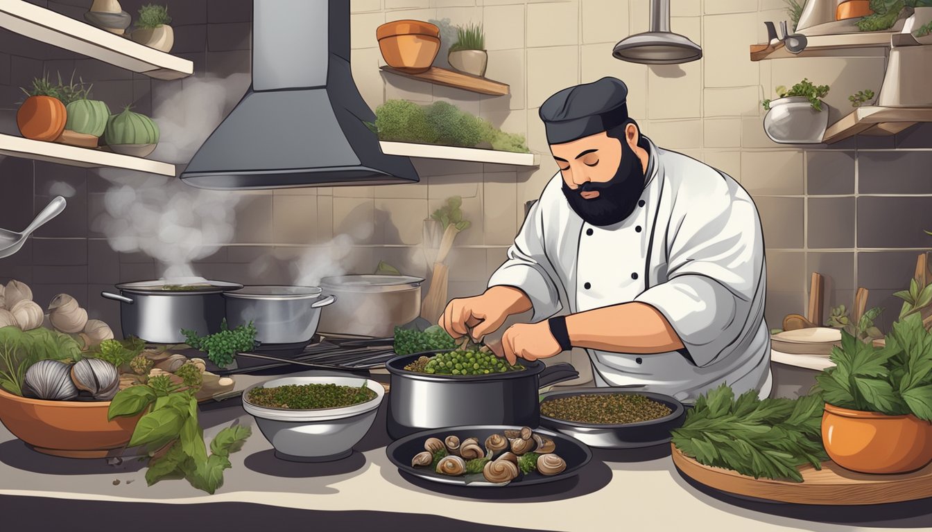 A chef preparing snails in a traditional kitchen, surrounded by herbs and spices, with a pot boiling on the stove