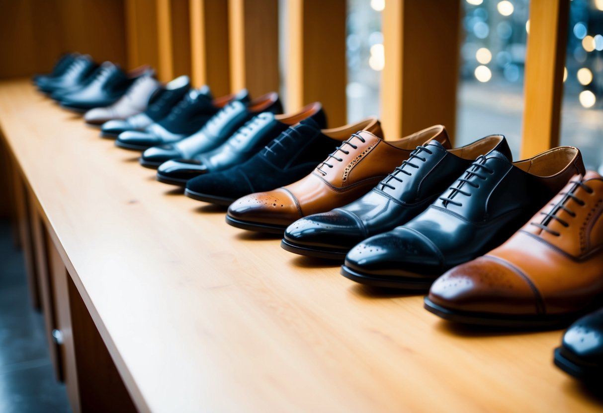 A lineup of dress shoes in black and brown, arranged in a row, with various styles and designs