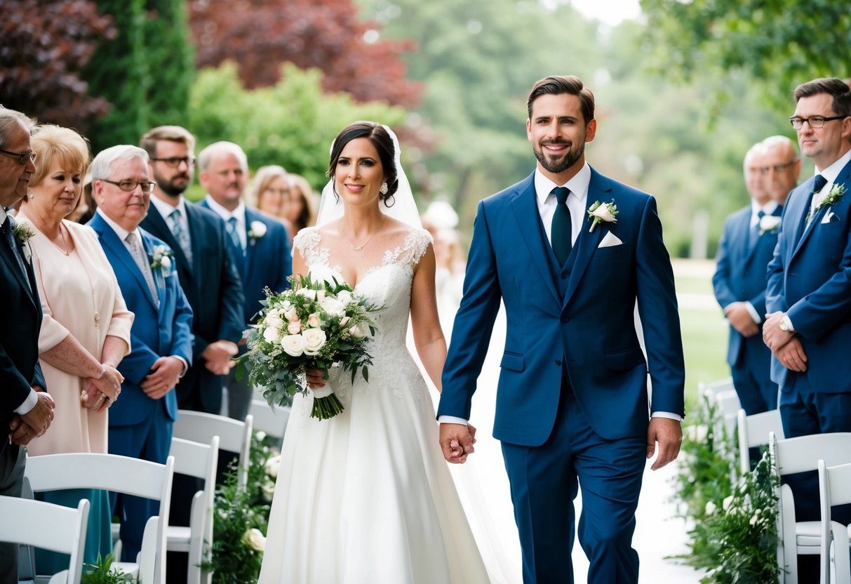 The groom walks alongside the mother of the bride down the aisle