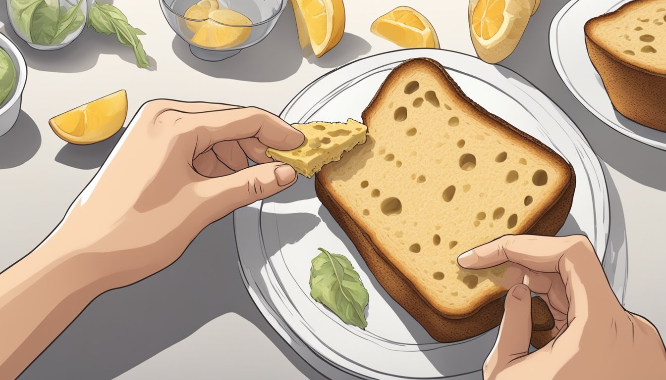 A person cutting off the moldy part of a piece of bread and preparing to eat the remaining portion