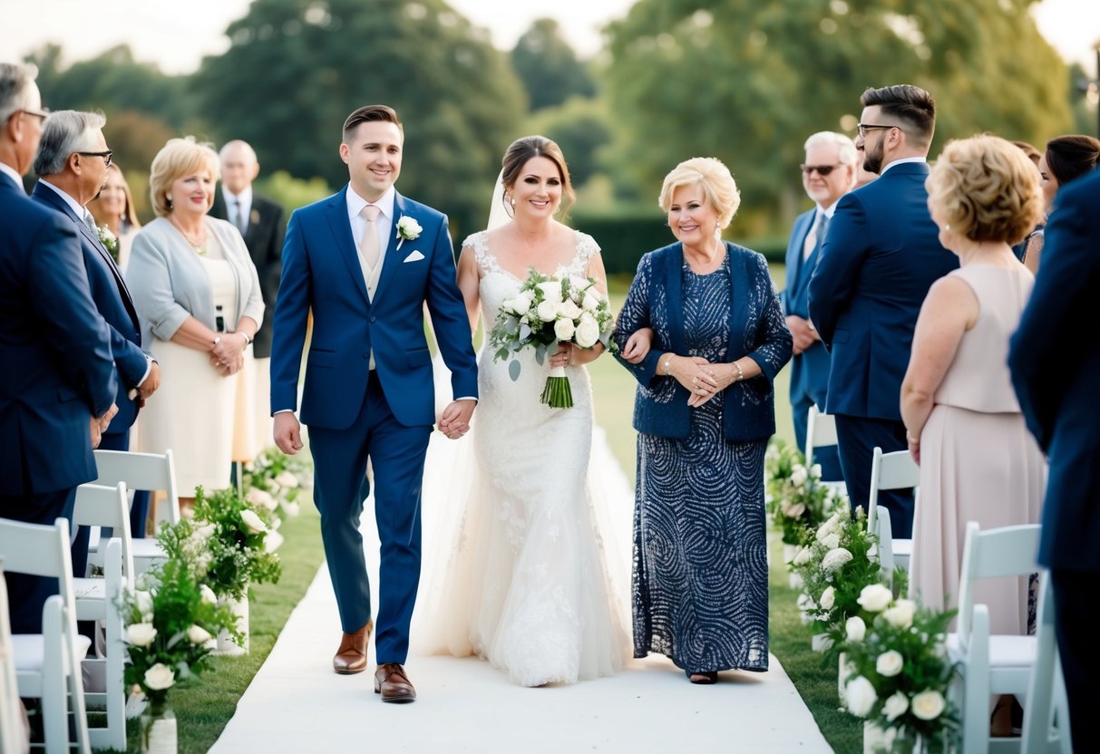 The groom leads the mother of the bride down the aisle, symbolizing their modern adaptation of personal preferences
