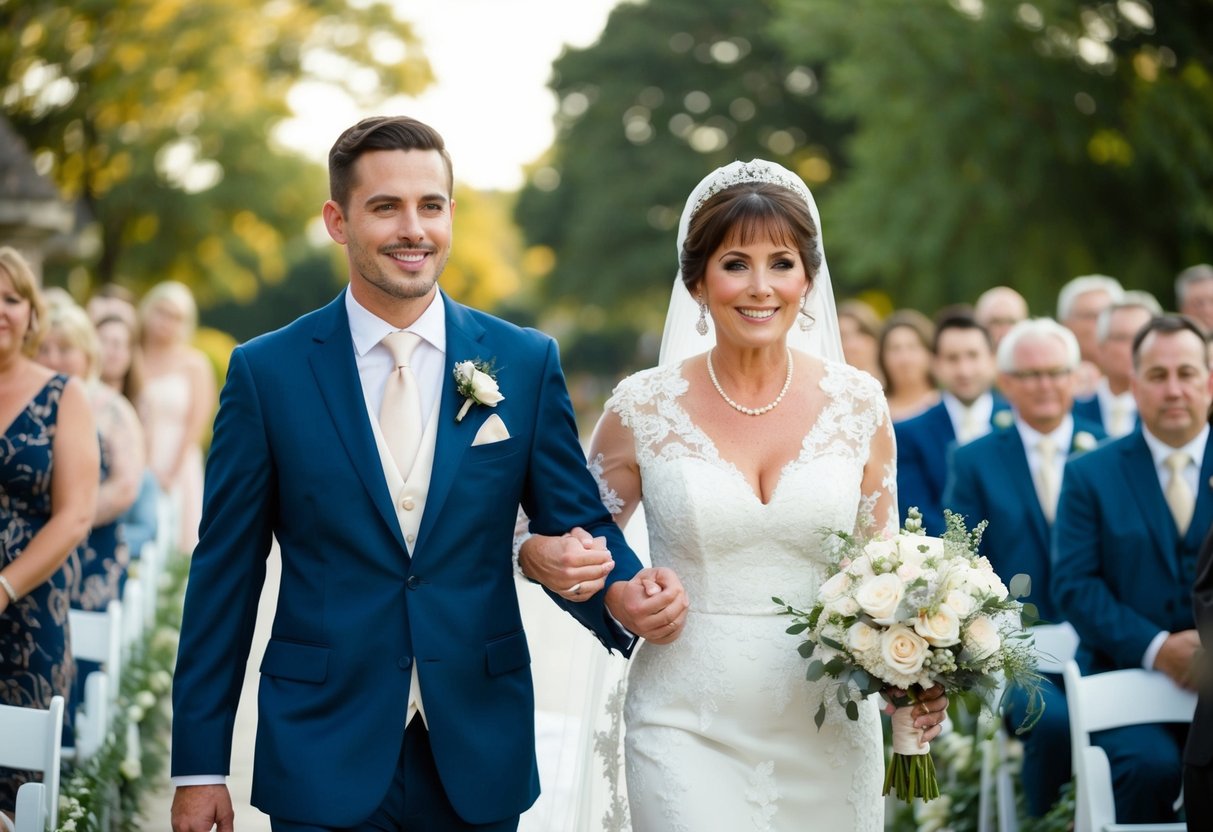 A groom and the mother of the bride walk side by side in the ceremony procession