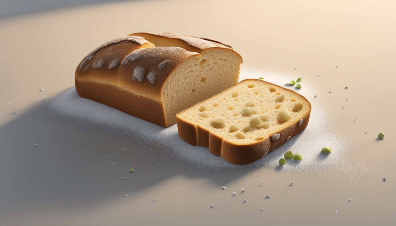 A half-eaten piece of bread sits on a countertop, covered in invisible mold spores. The mold is spreading across the surface, unseen to the naked eye