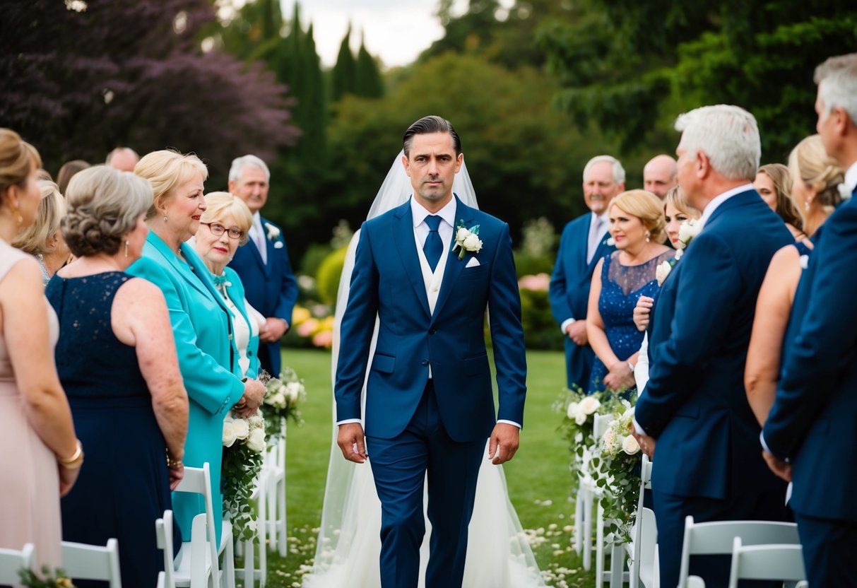 The groom stands with a stoic expression as his bride walks down the aisle, surrounded by tearful guests