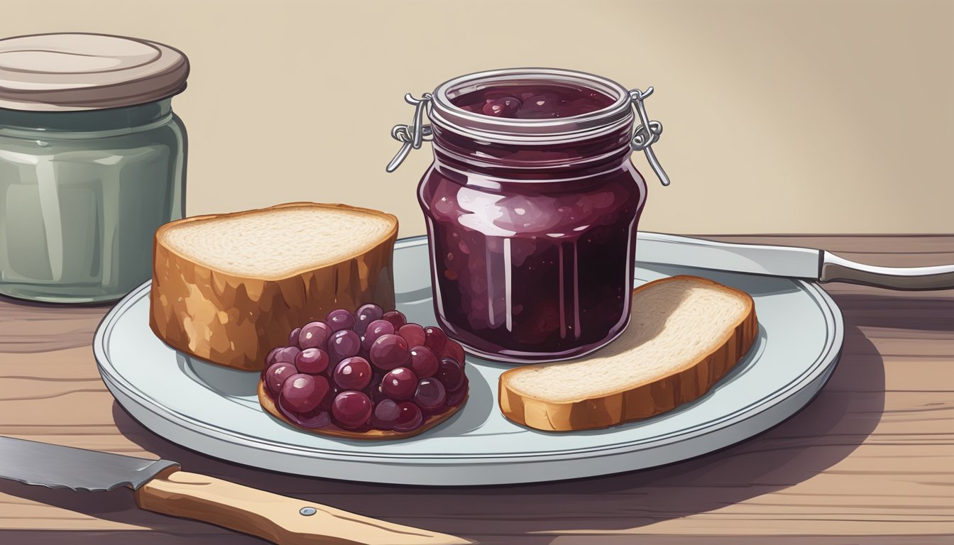 A jar of jam with visible mold growth, sitting next to a spread knife and a piece of bread on a plate