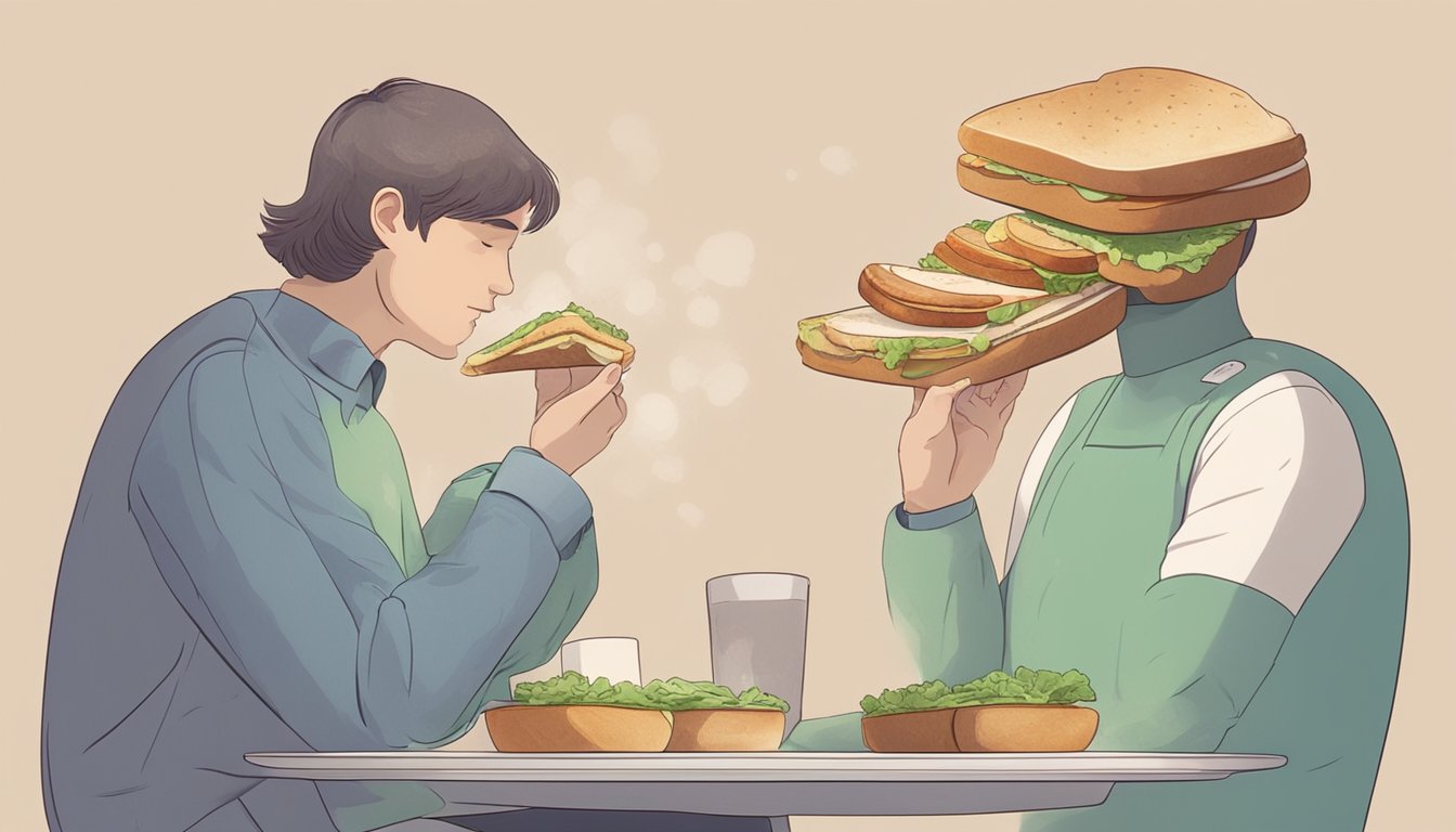 A person unknowingly eats a sandwich with invisible mold. The sandwich appears normal, but mold spores are visible in the air around the person's head