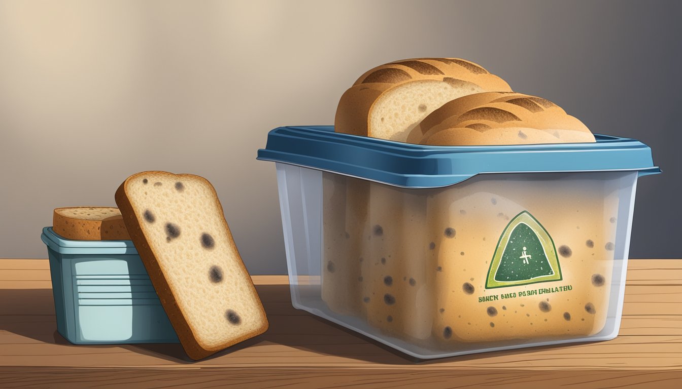 A sealed container of moldy bread next to a fresh loaf, with visible signs of mold growth and a warning symbol