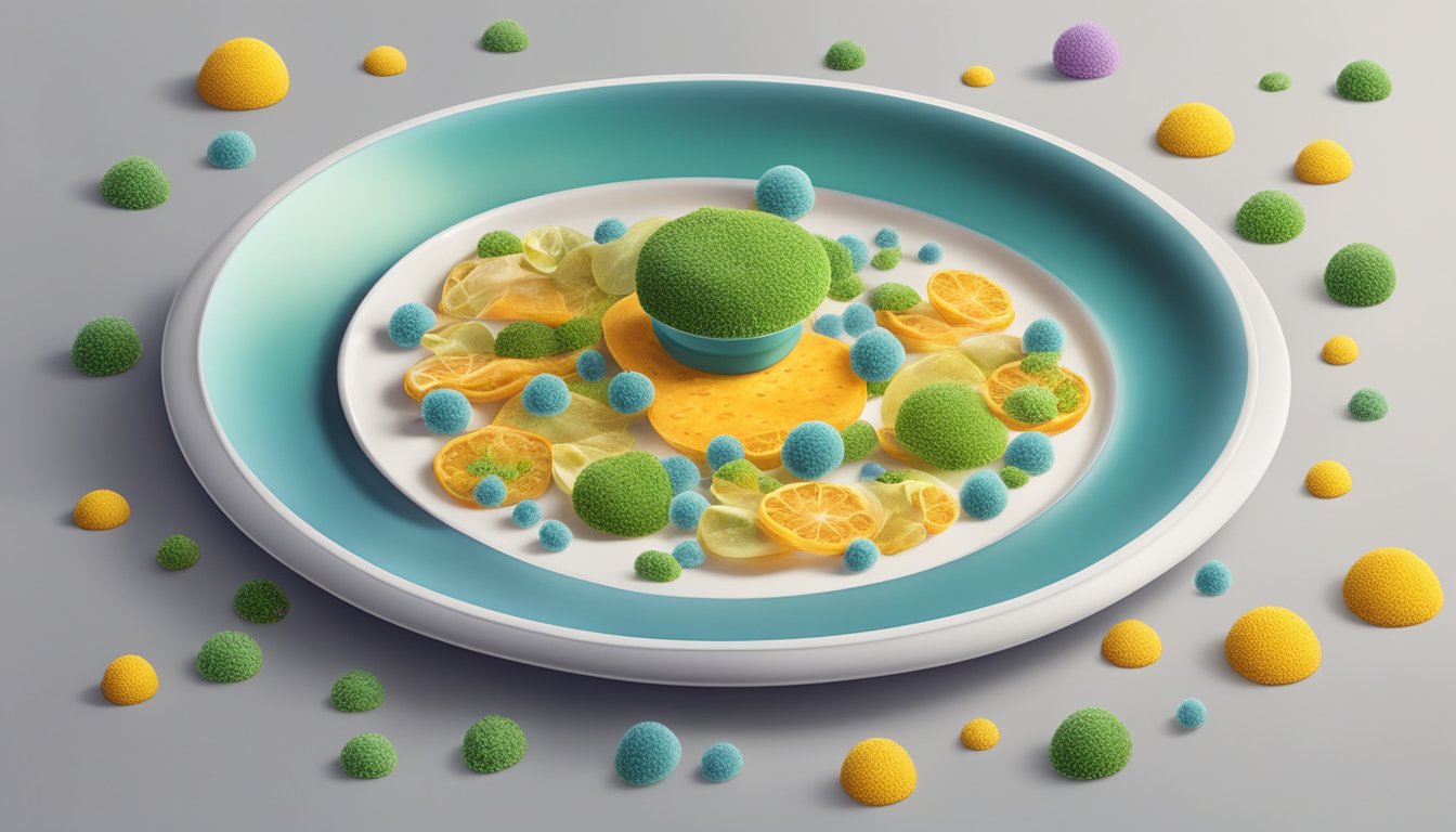 A plate of food covered in invisible mold, with spores floating in the air