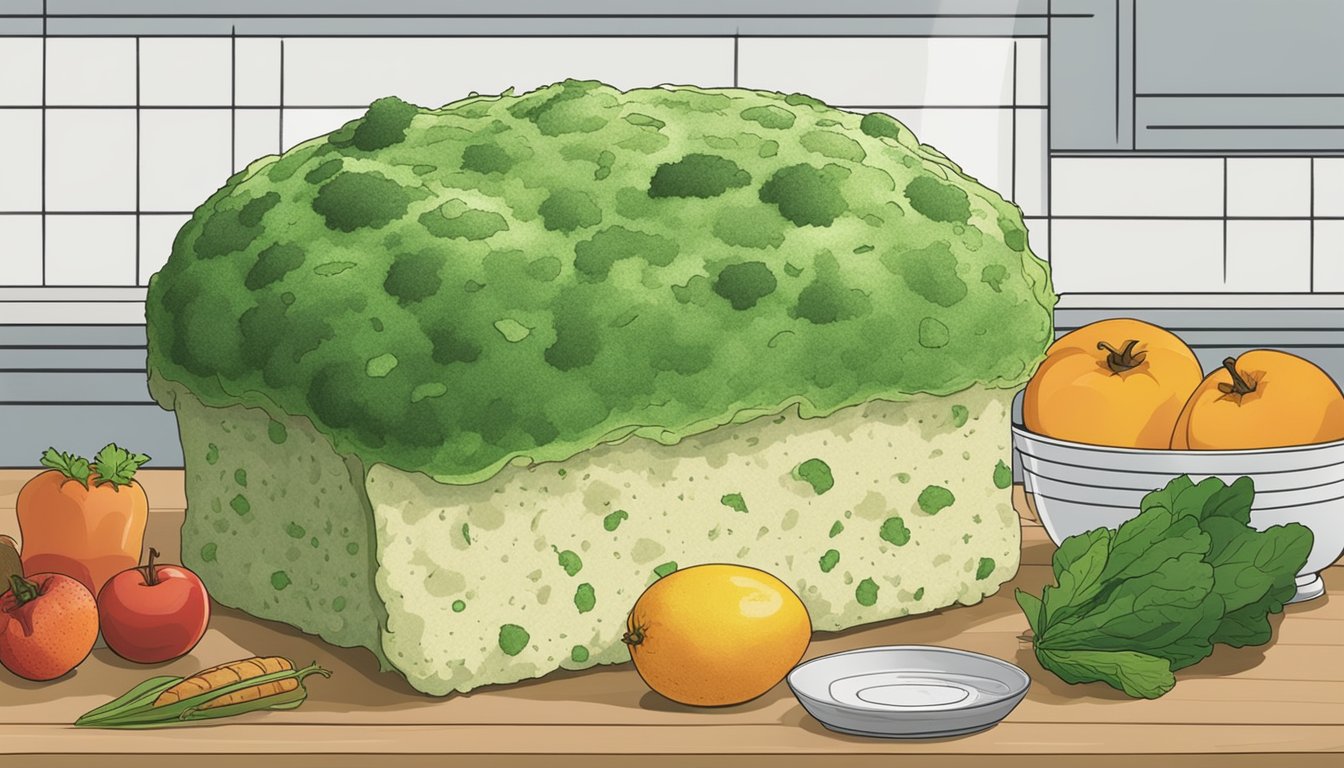 A moldy loaf of bread sits on a kitchen counter, surrounded by fruit and vegetables. The bread is covered in green and white fuzzy mold, while the other produce appears fresh