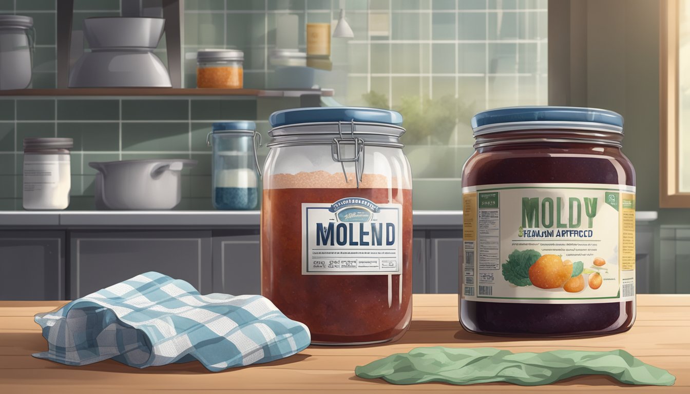 A jar of moldy jam sits on a kitchen counter, surrounded by warning labels and guidelines for consumption of mold-affected products