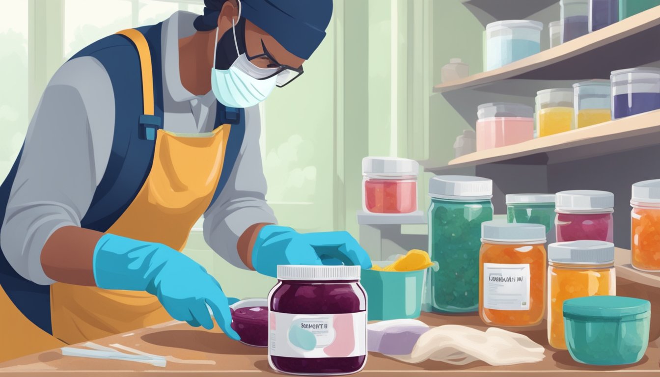 A jar of jam with visible mold growth, surrounded by cleaning supplies and a person wearing gloves and a mask