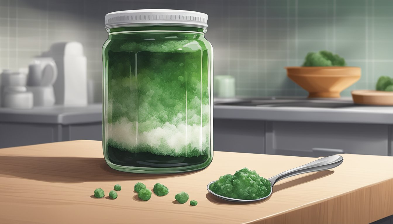 A jar of jam covered in green and white mold sits on a kitchen counter. A spoon lies next to it, untouched