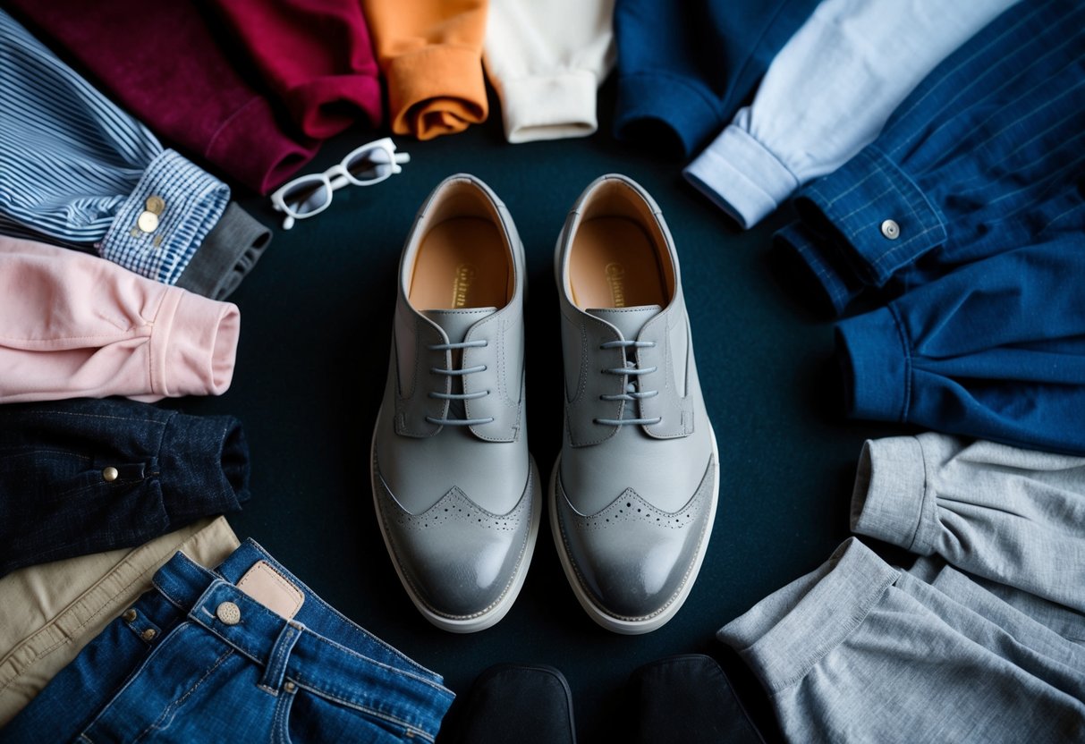A pair of grey shoes surrounded by a variety of clothing items in different colors and styles, creating a visually appealing and versatile scene
