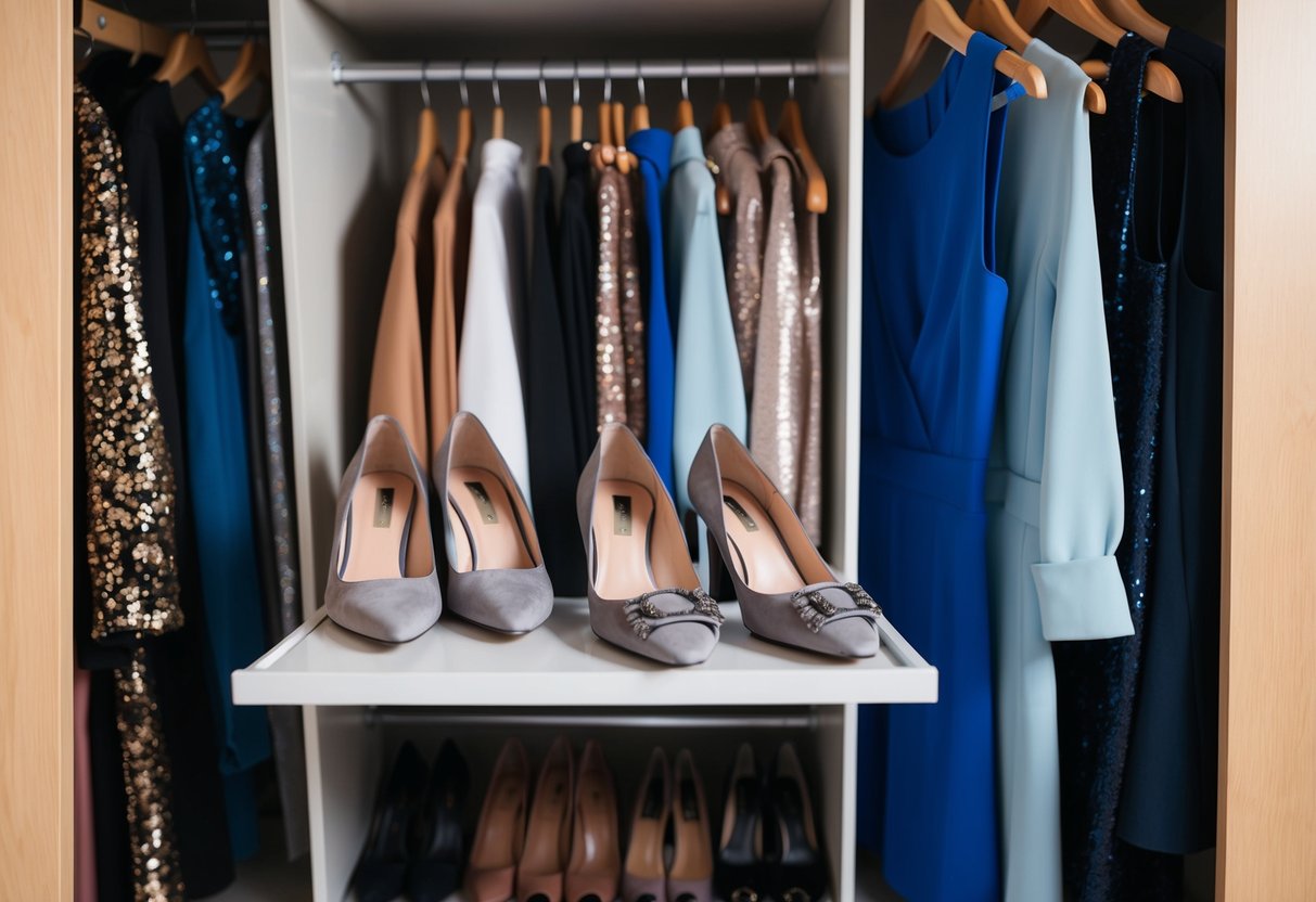 A closet with various outfits for different occasions, including grey shoes paired with different ensembles