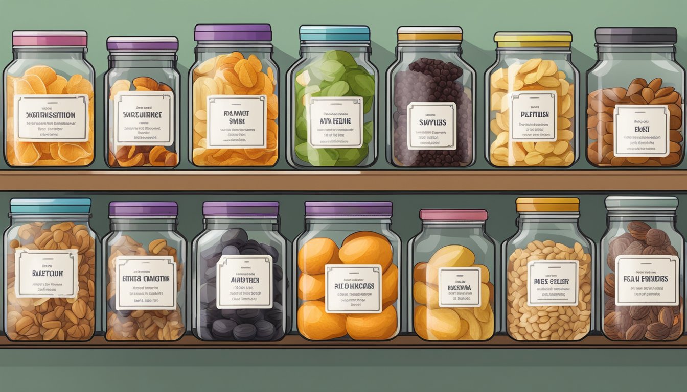 Airtight containers hold various dried fruits on a shelf. Some fruits are labeled with expiration dates