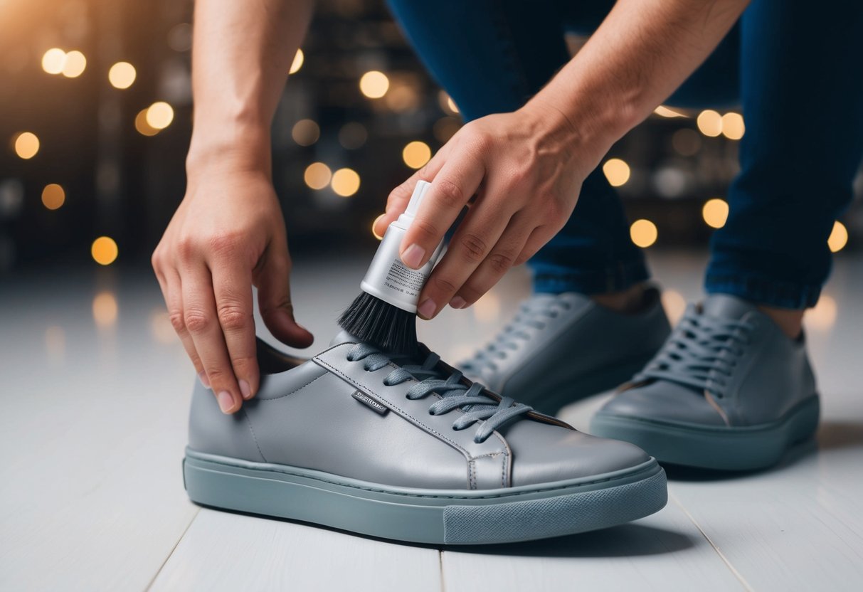 A person gently cleaning a pair of grey shoes with a soft brush and applying a protective spray