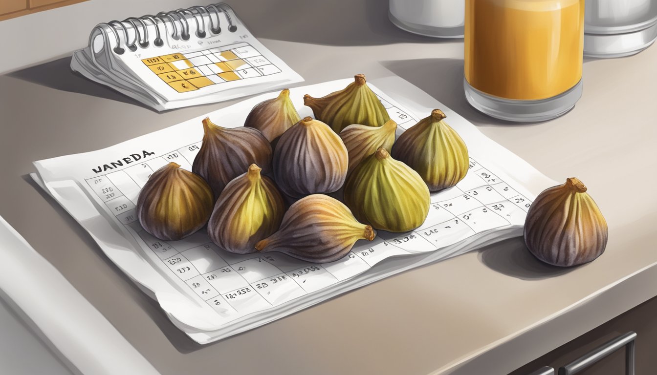 A pile of wrinkled, moldy dried figs sits on a kitchen counter next to a calendar showing an expired date