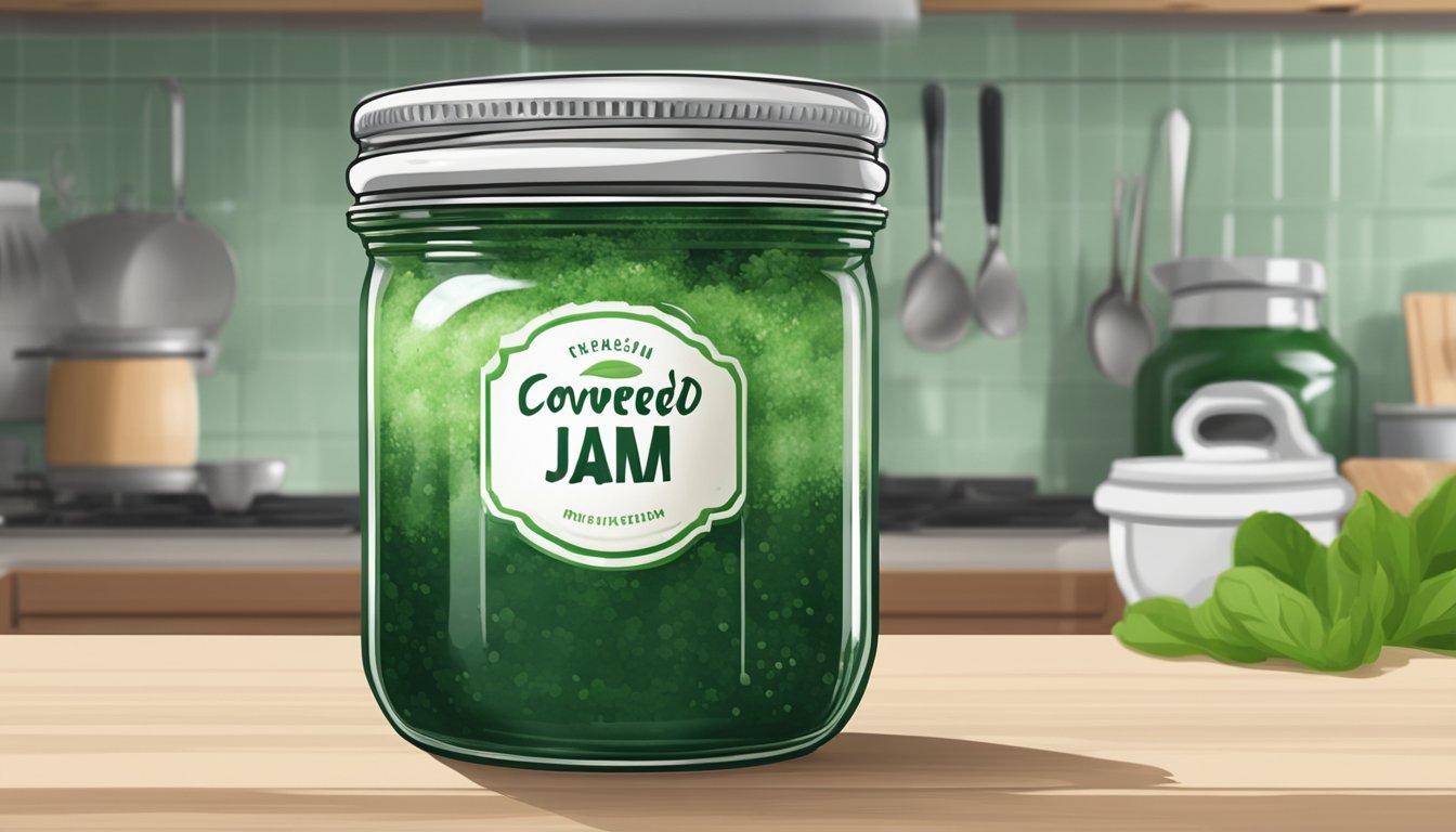 A jar of jam covered in green and white mold, sitting on a kitchen counter