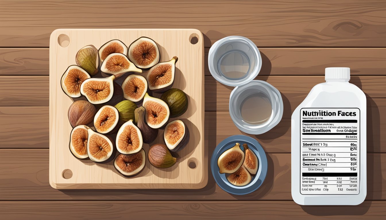 A pile of dried figs, some with visible signs of aging, sits on a wooden cutting board next to a measuring cup of water and a nutrition label