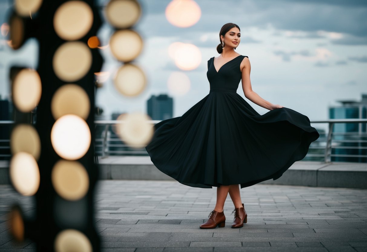 A black dress with a flowing silhouette and brown shoes