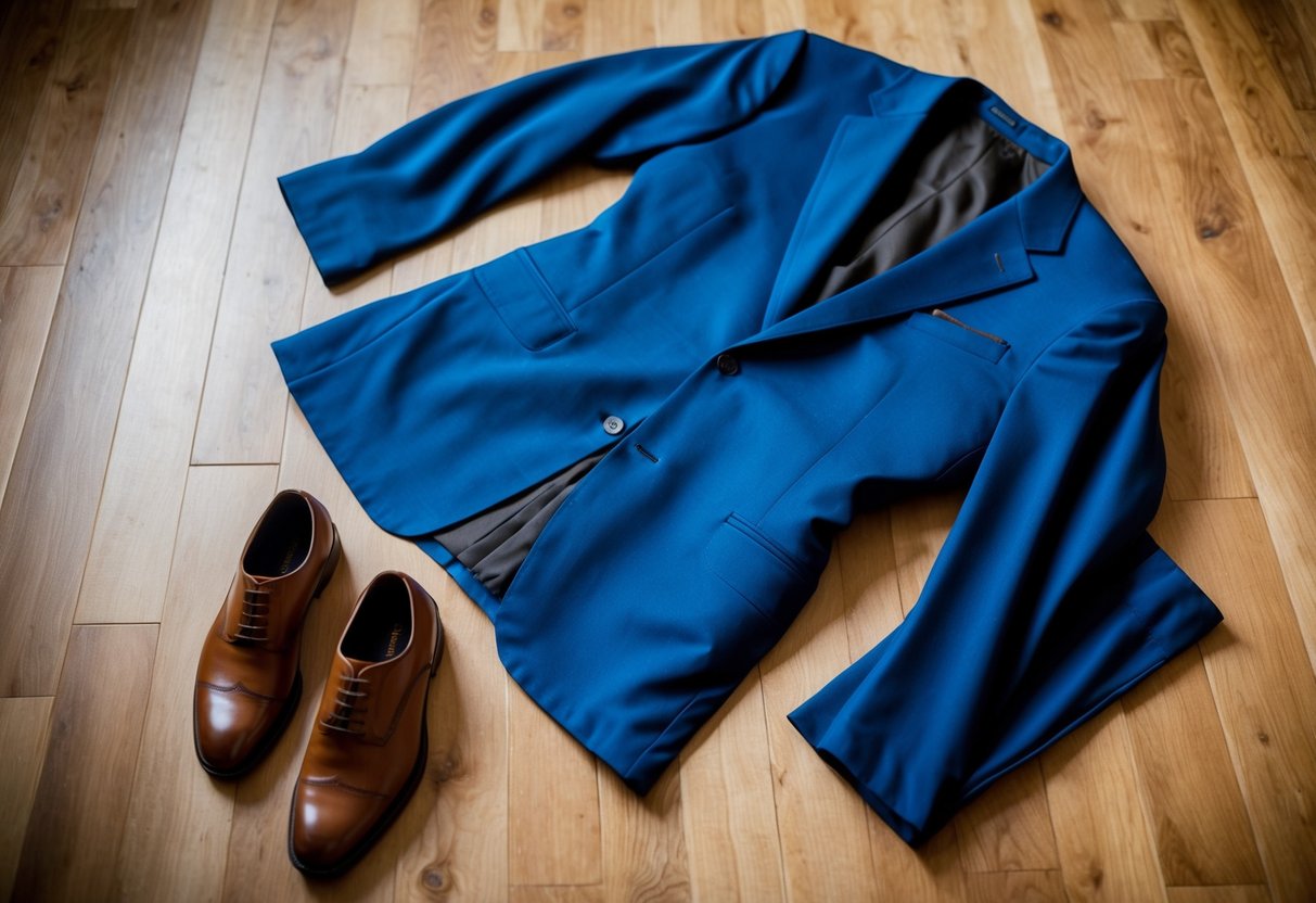 A blue suit jacket and trousers lay on a wooden floor, with a pair of brown and black shoes placed next to them