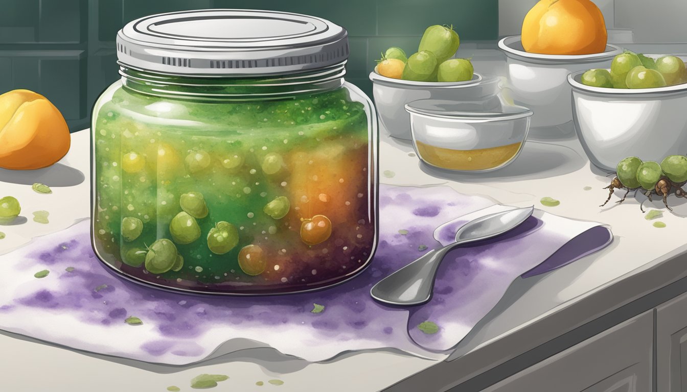 A jar of moldy jam sits on a kitchen counter, surrounded by fruit flies. The mold is visible on the surface of the jam, with green and white patches spreading across the top