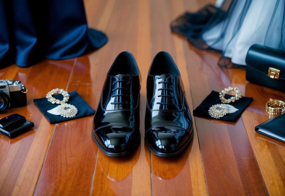 A pair of black patent leather shoes placed neatly on a polished wooden floor, surrounded by a formal dress and accessories