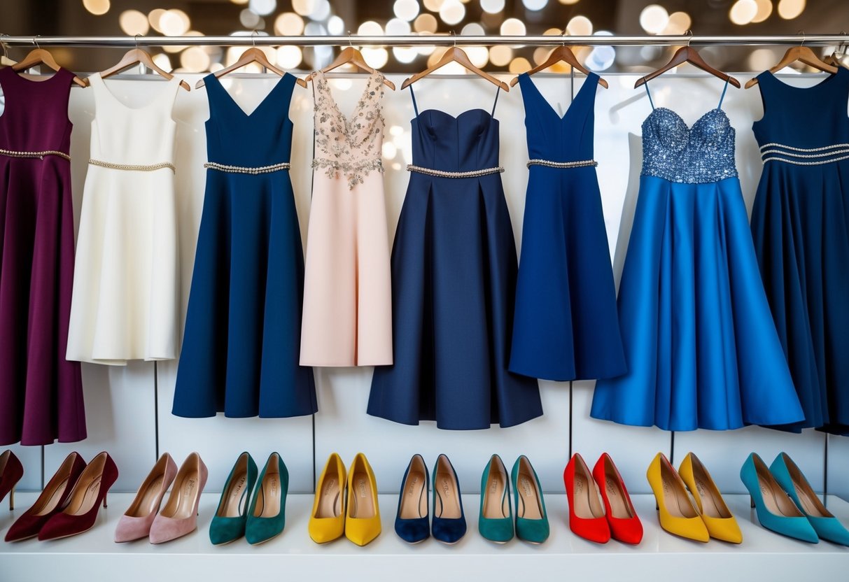 A display of formal dresses with various colored shoes arranged neatly underneath, showcasing different color options for pairing