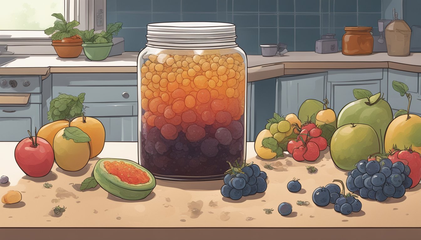 A jar of moldy jam sits on a kitchen counter, surrounded by fruit flies. A person looks queasy, holding their stomach