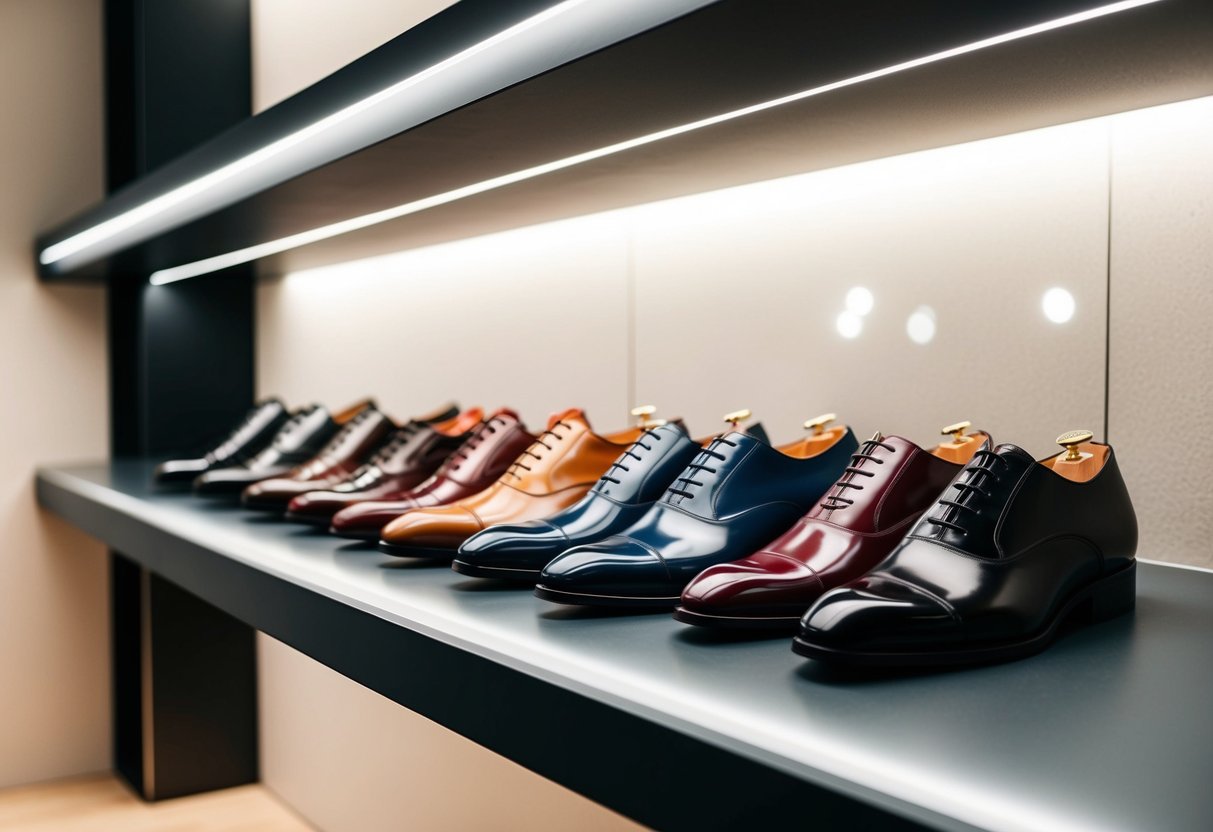 A row of polished formal shoes in various colors displayed on a sleek, minimalist shelf