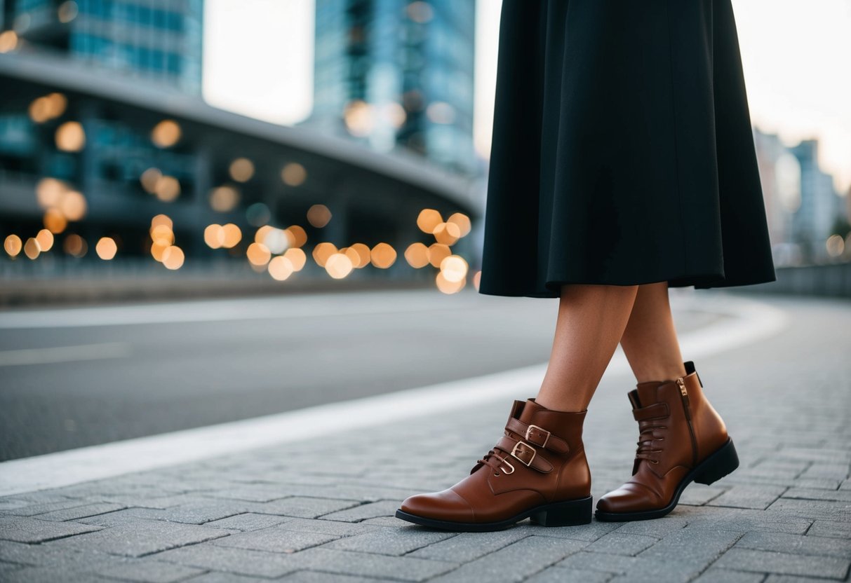 A black dress paired with brown shoes, showcasing a bold and unique sense of style