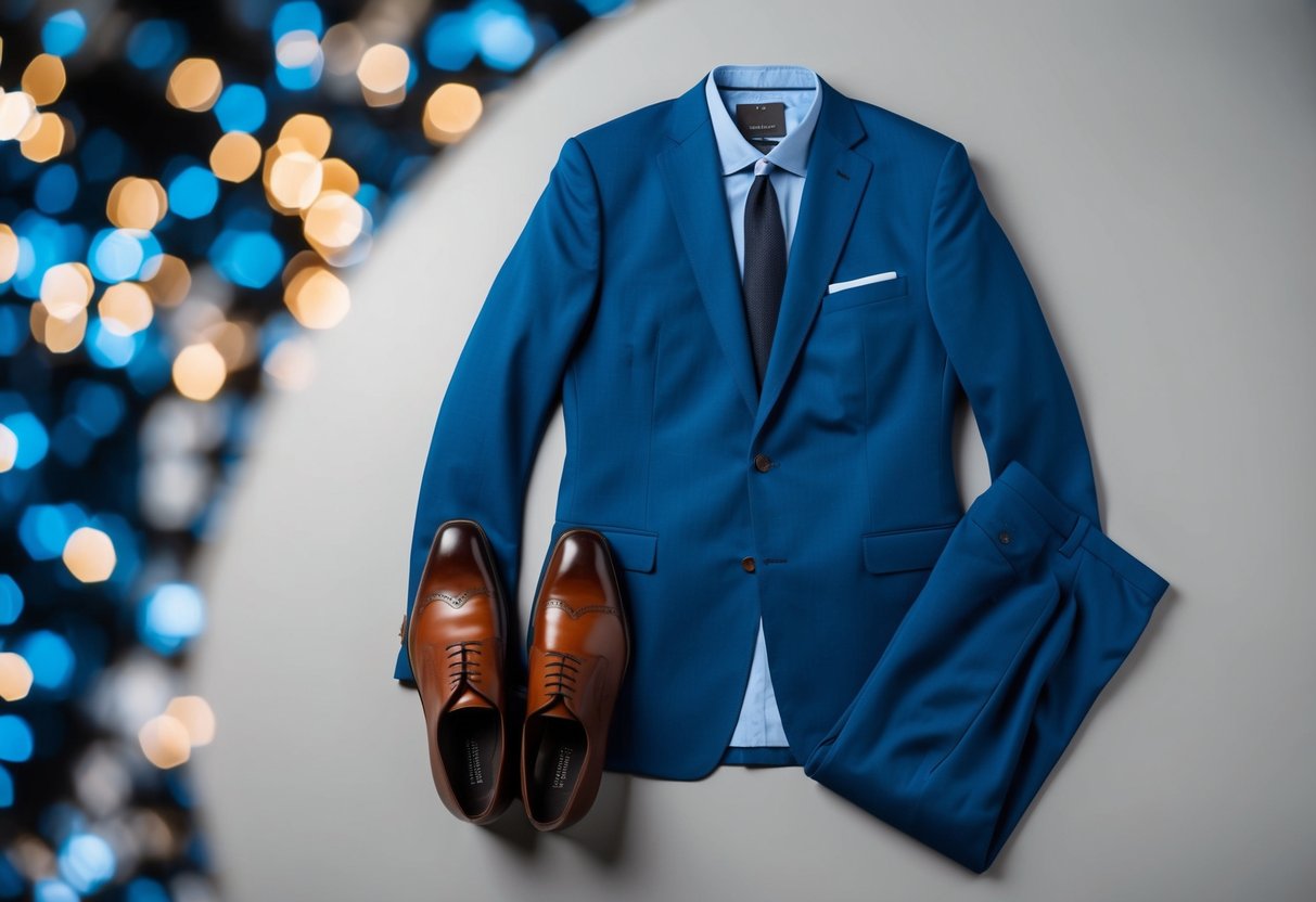A blue suit jacket and trousers laid out with a pair of brown and black shoes placed next to them