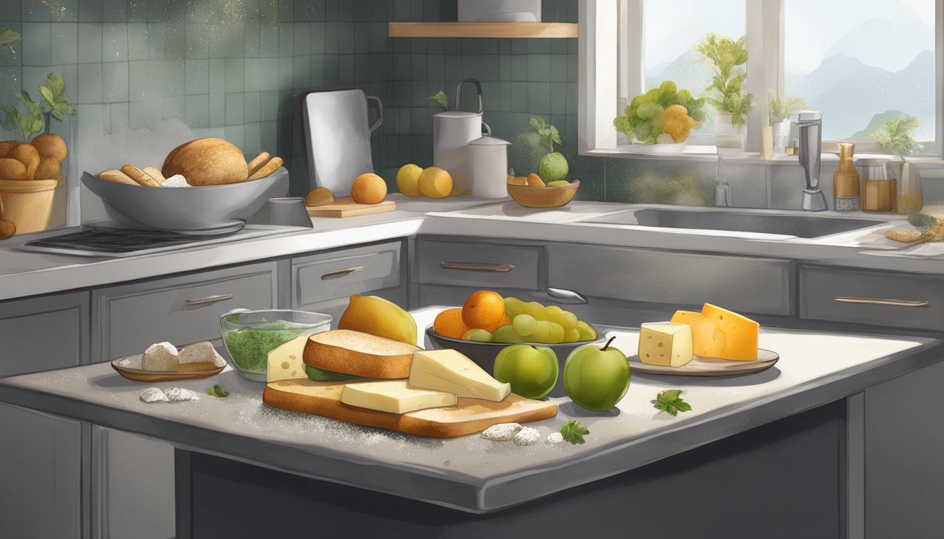 A kitchen counter with various fruits, bread, and cheese covered in mold. A clear separation between moldy and non-moldy items