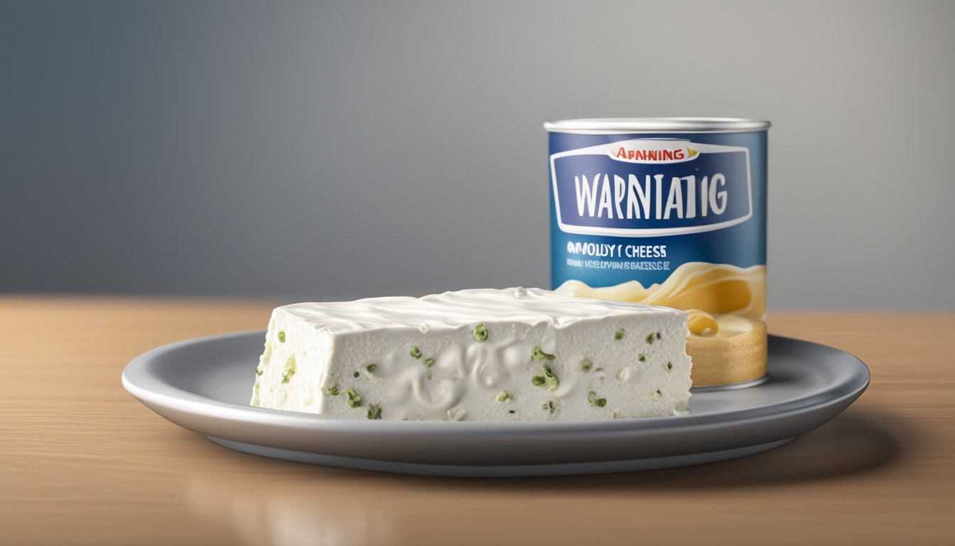 A block of moldy cream cheese sits on a plate next to a warning sign