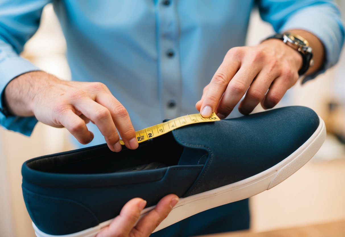 A person holds a shoe in one hand and measures the space between their big toe and the tip of the shoe with their other hand