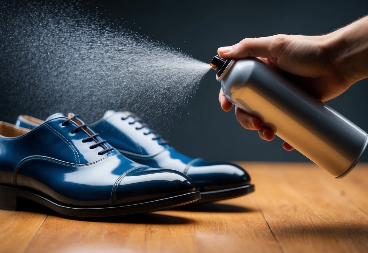 A can of hairspray sprays over a pair of dull shoes, leaving a glossy shine on the surface