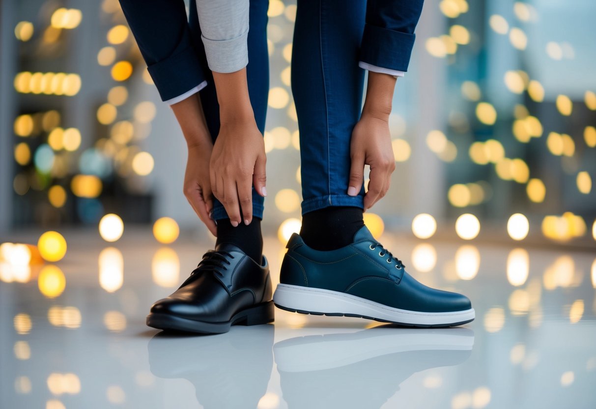 A person trying on a pair of shoes, comparing the fit and comfort of a shoe that is one size too small versus the correct size