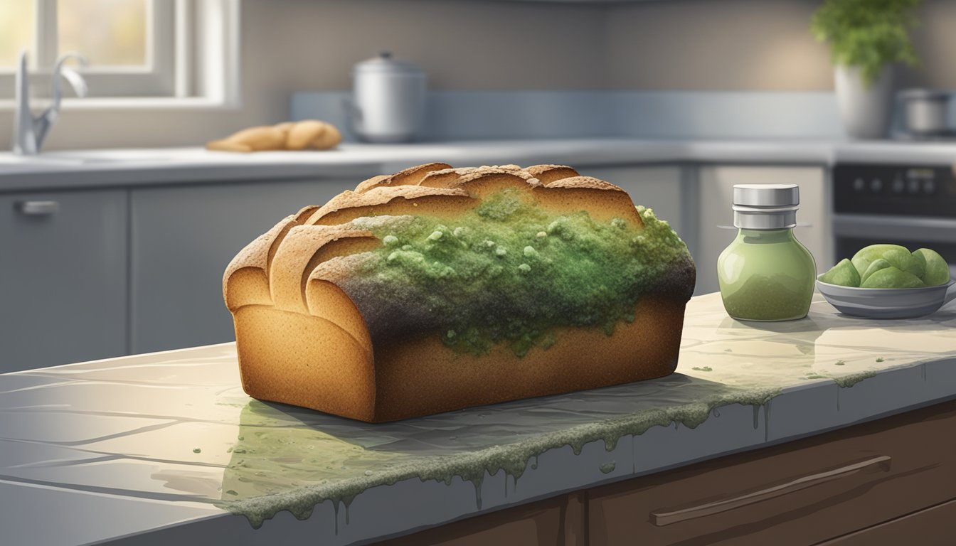 A moldy piece of bread sits on a kitchen counter, surrounded by a damp, musty environment