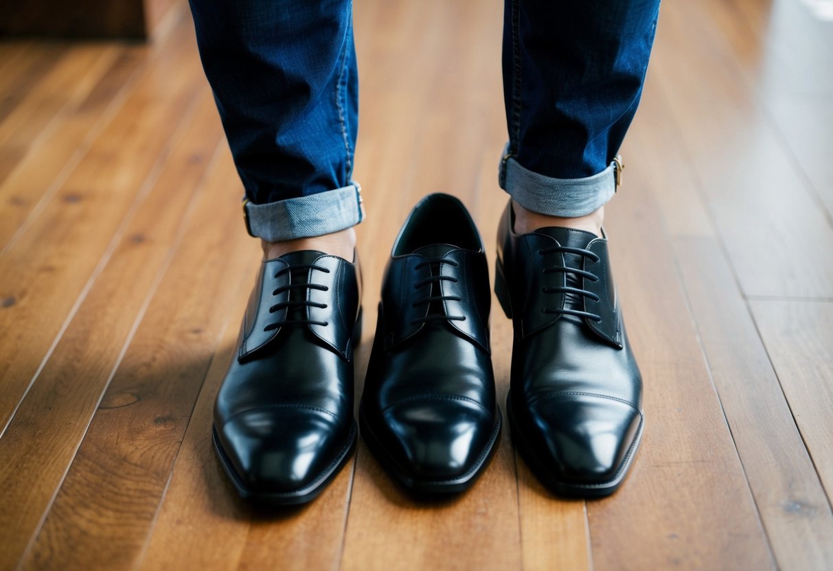 A pair of black dress shoes next to a pair of jeans on a wooden floor