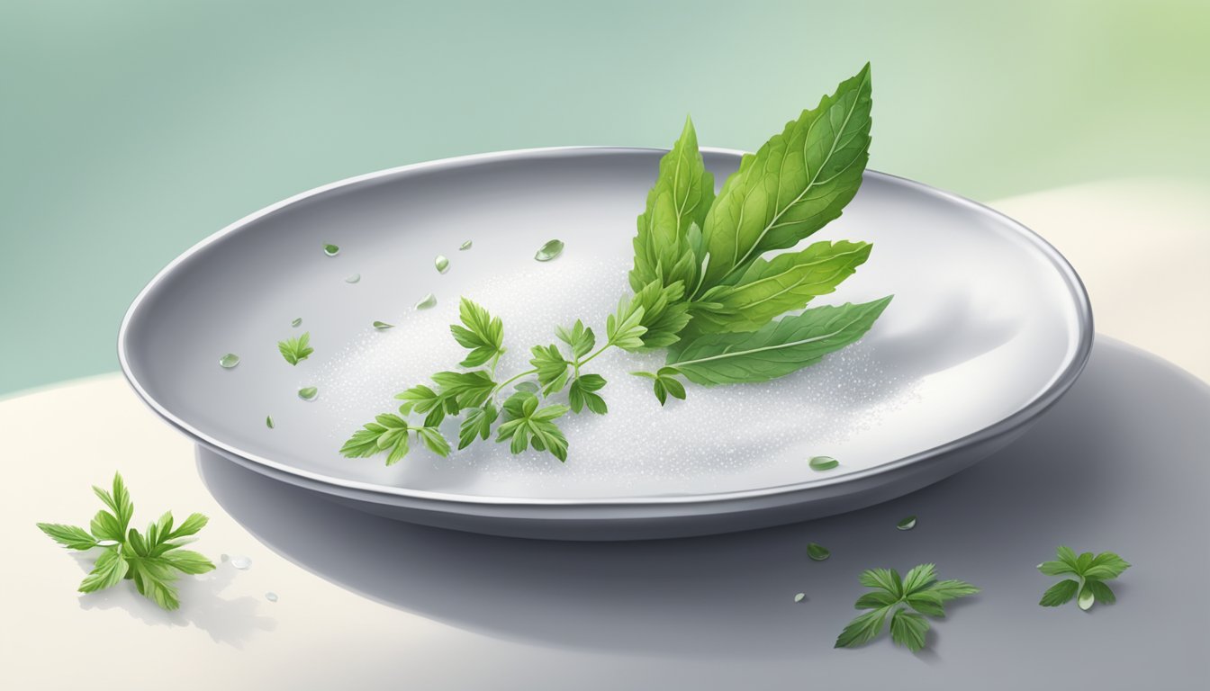 A silver leaf delicately placed on a pristine white plate, surrounded by fresh, vibrant green herbs and a sprinkle of sea salt