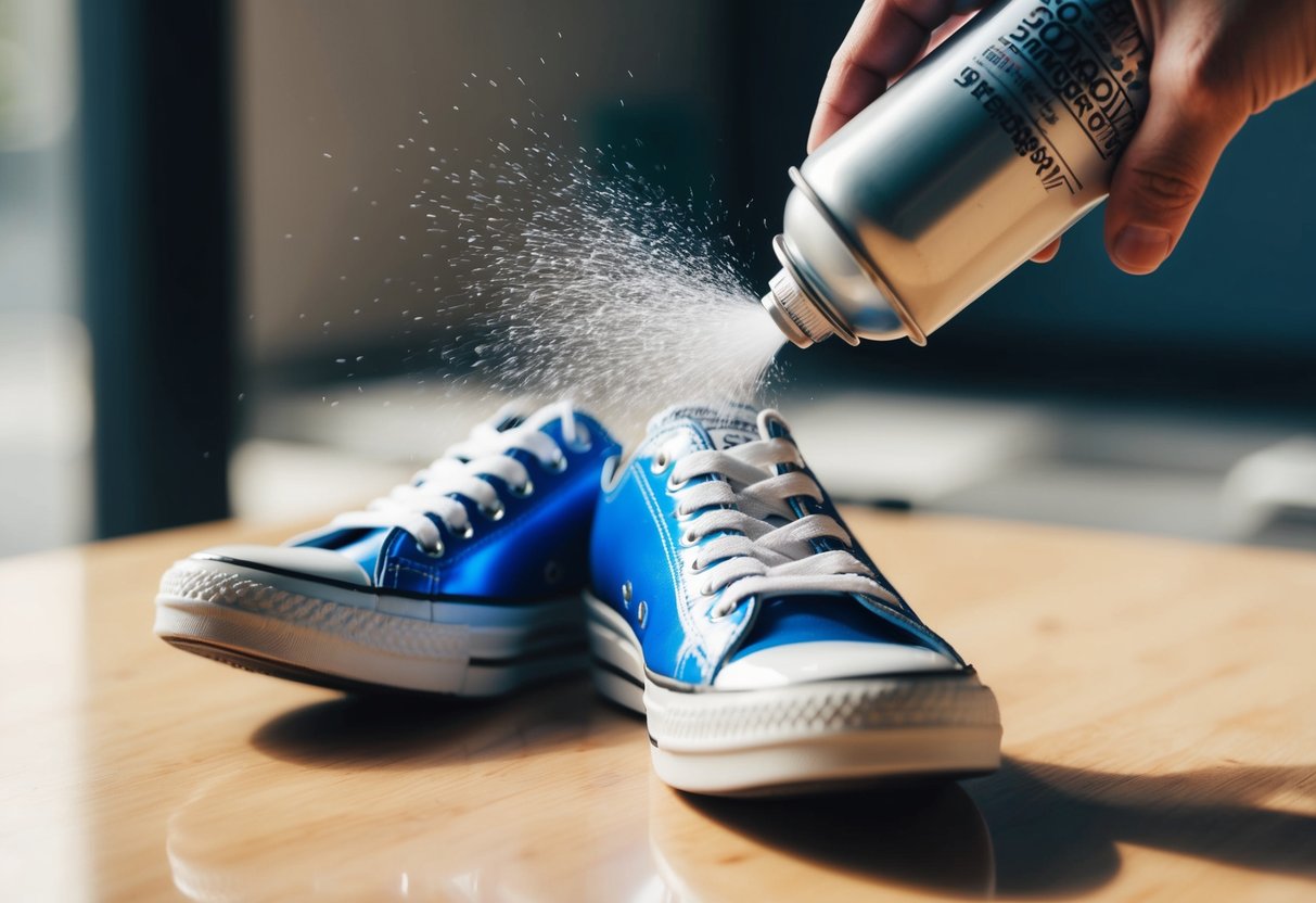 A can of hairspray being sprayed onto a pair of shoes, with the light reflecting off the shiny surface