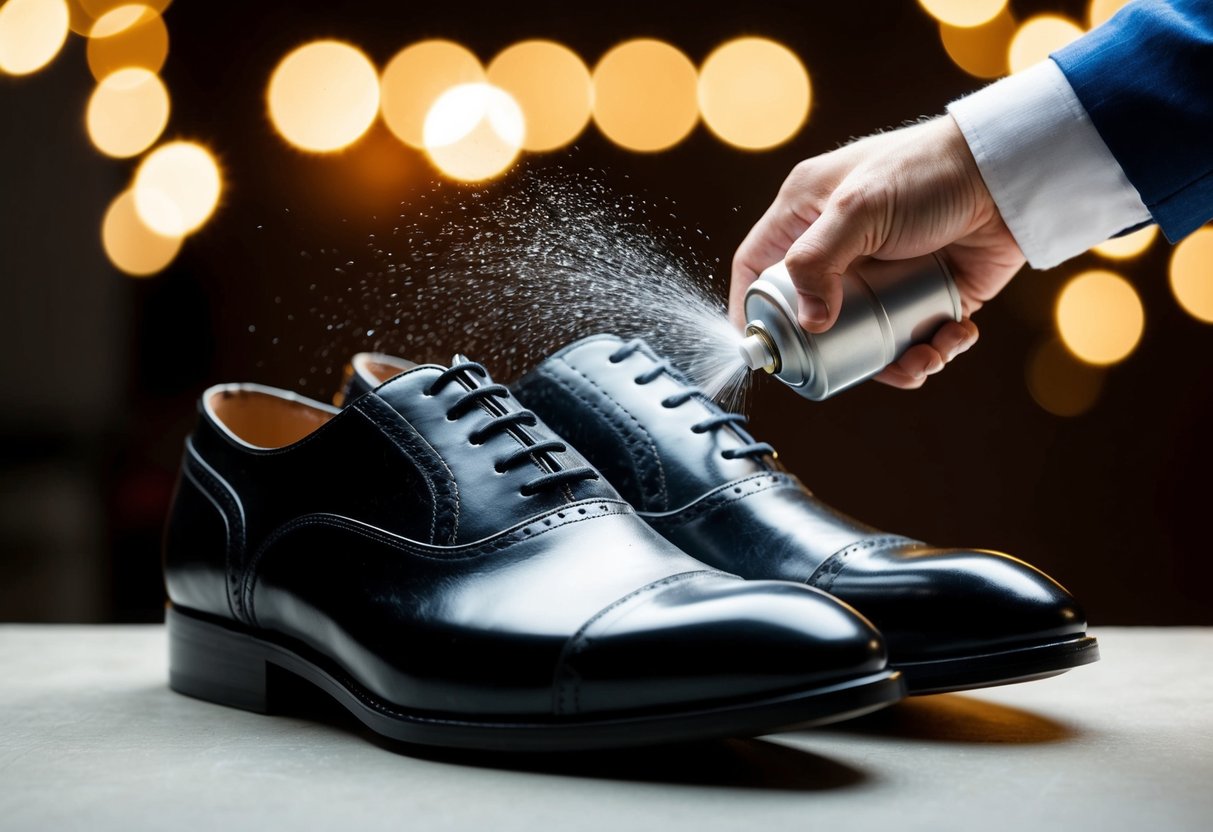 A pair of dress shoes being sprayed with hairspray to add shine