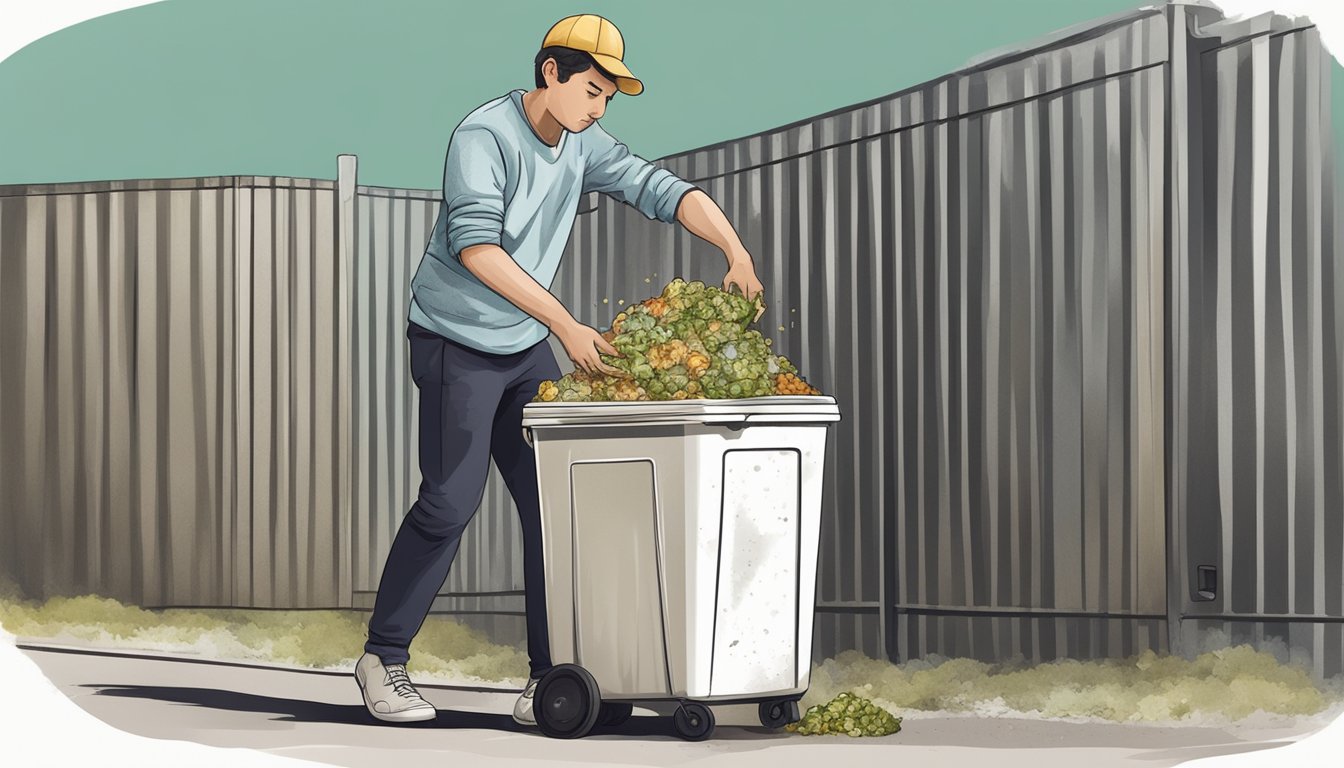 A person throwing away moldy food in a closed trash bin