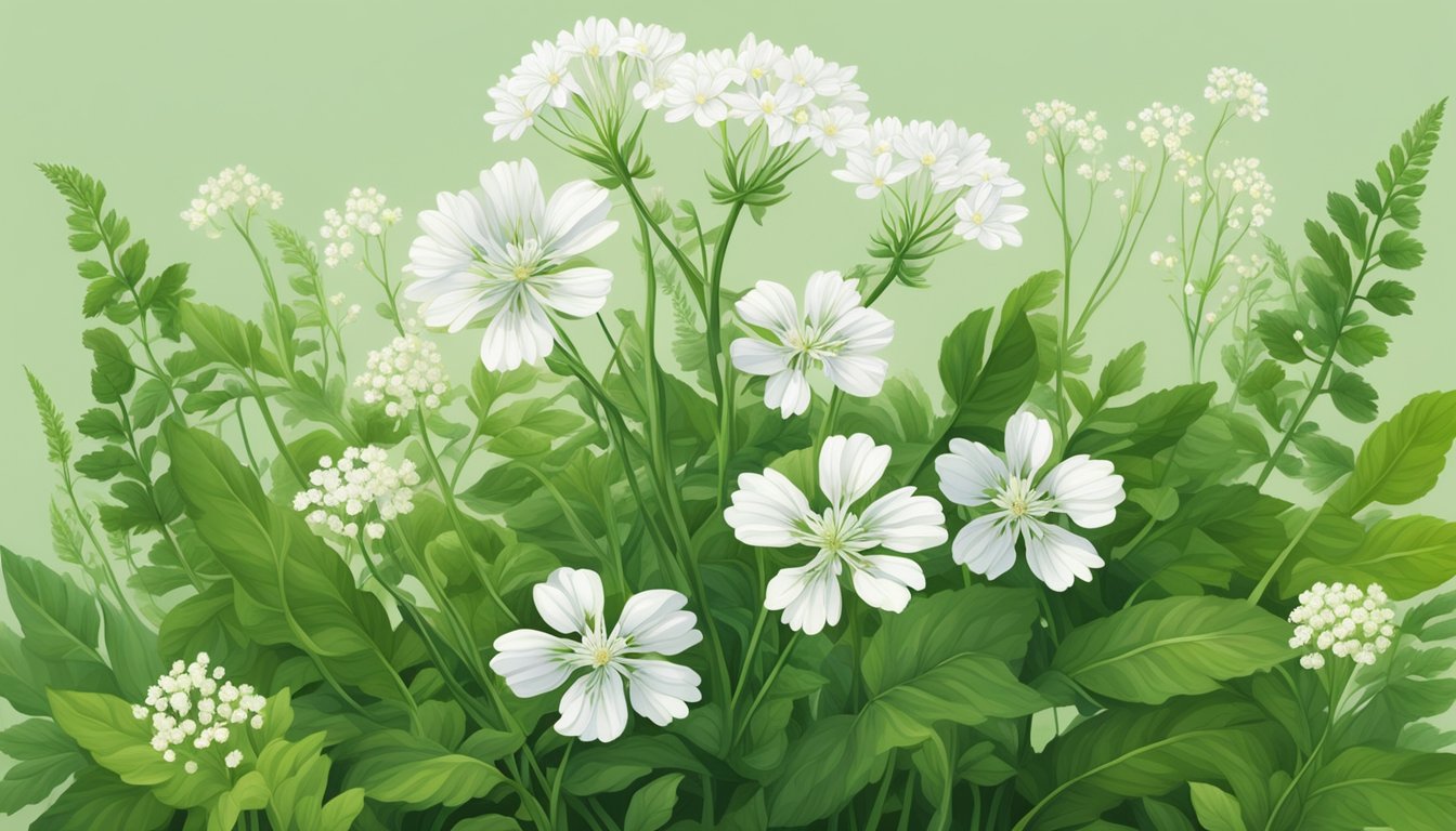 A skirret plant with edible roots, surrounded by lush green foliage and delicate white flowers, set against a natural background