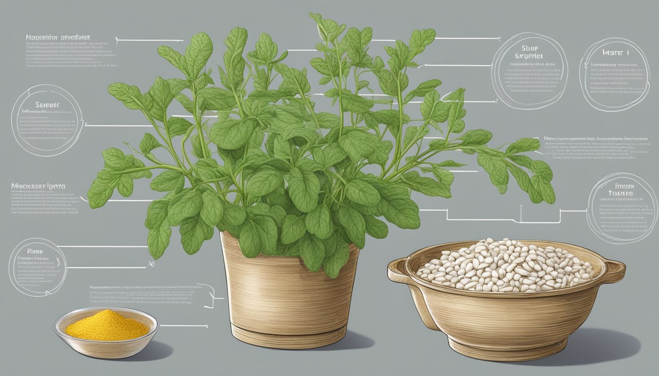 A skirret plant surrounded by measuring cups and nutritional labels