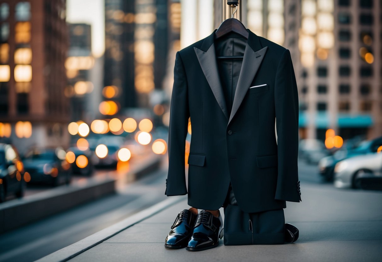 A black suit jacket and pants paired with black dress shoes