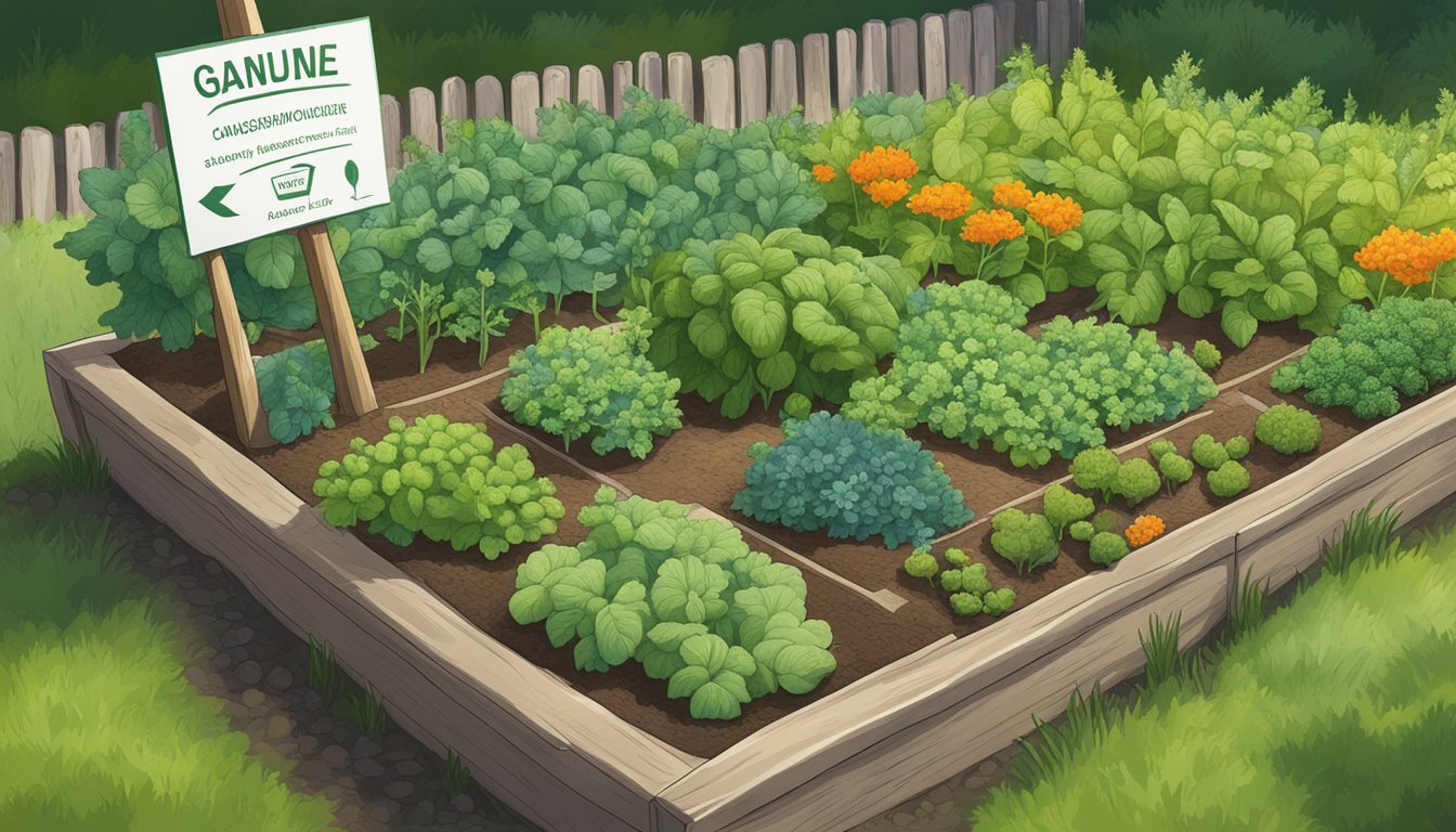 A skirret plant surrounded by other edible vegetables in a garden bed with a sign indicating its safety for consumption