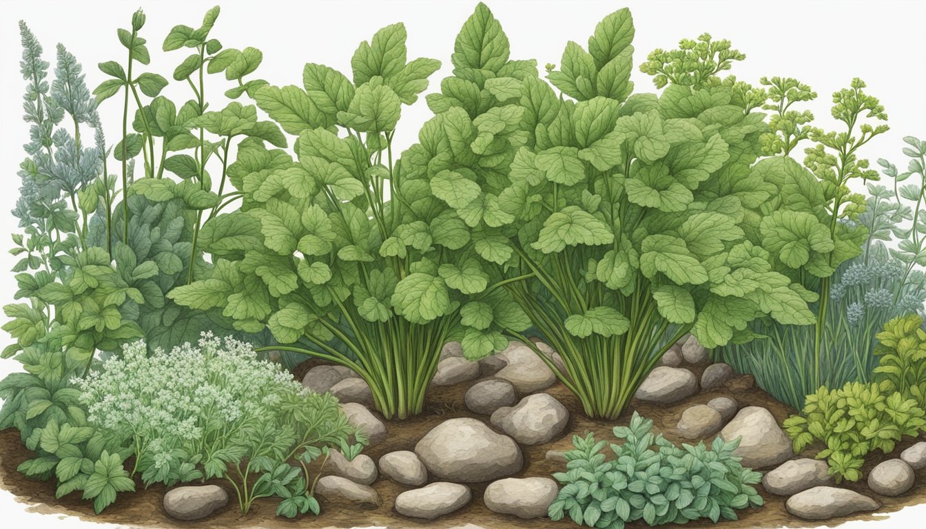 A skirret plant growing in a historical garden, surrounded by other edible plants and herbs