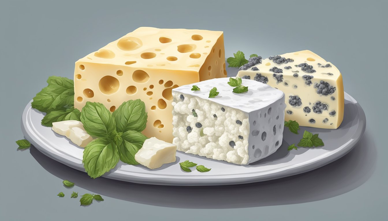 A piece of moldy cottage cheese on a plate, surrounded by other types of cheese with varying degrees of mold growth