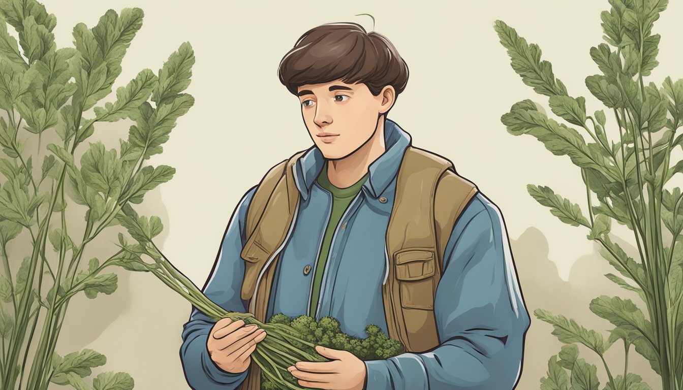 A person holding a skirret root and examining it for safety, with a questioning expression on their face